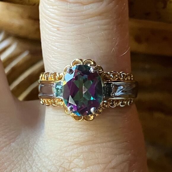 Mystic Topaz Moissanite Sterling Silver Ring Size 9 - Picture 1 of 10